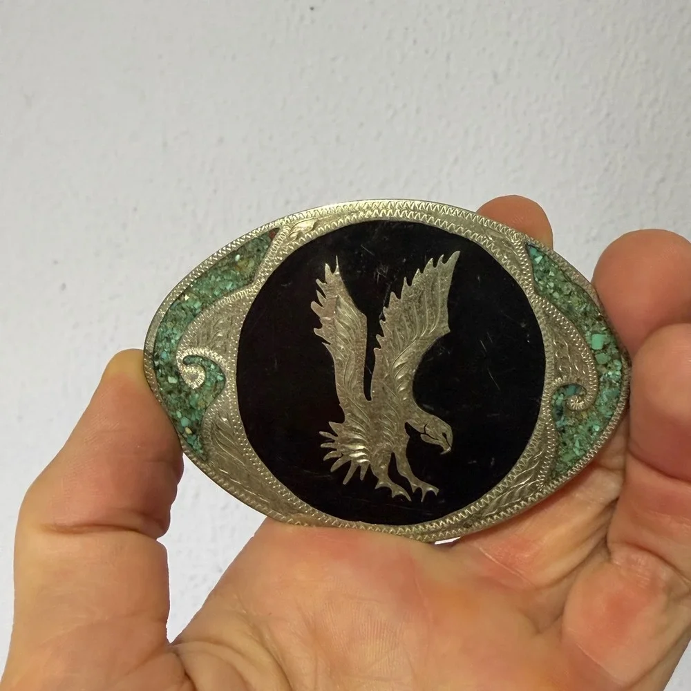 Vintage Western Eagle Belt Buckle Turquoise Chip Inlay Black Onyx Style Oval